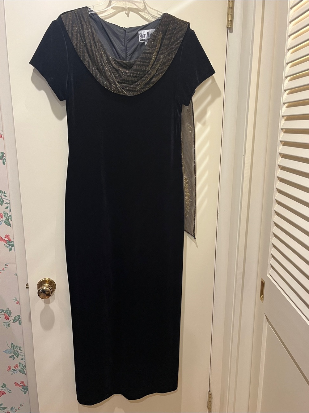 Sheri Martin Black Velvet Maxi Dress with Metallic Gold Shawl